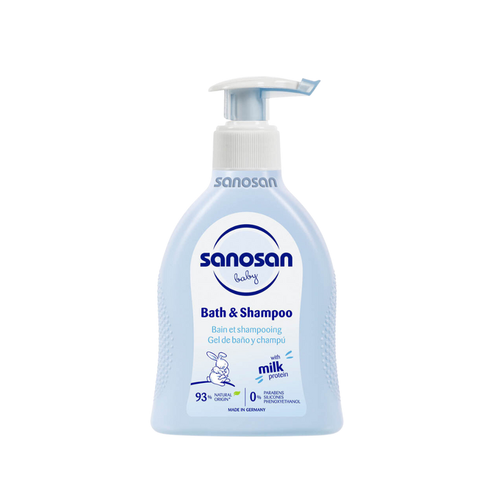 Sanosan Baby Bath & Shampoo 200ml bottle with milk protein.