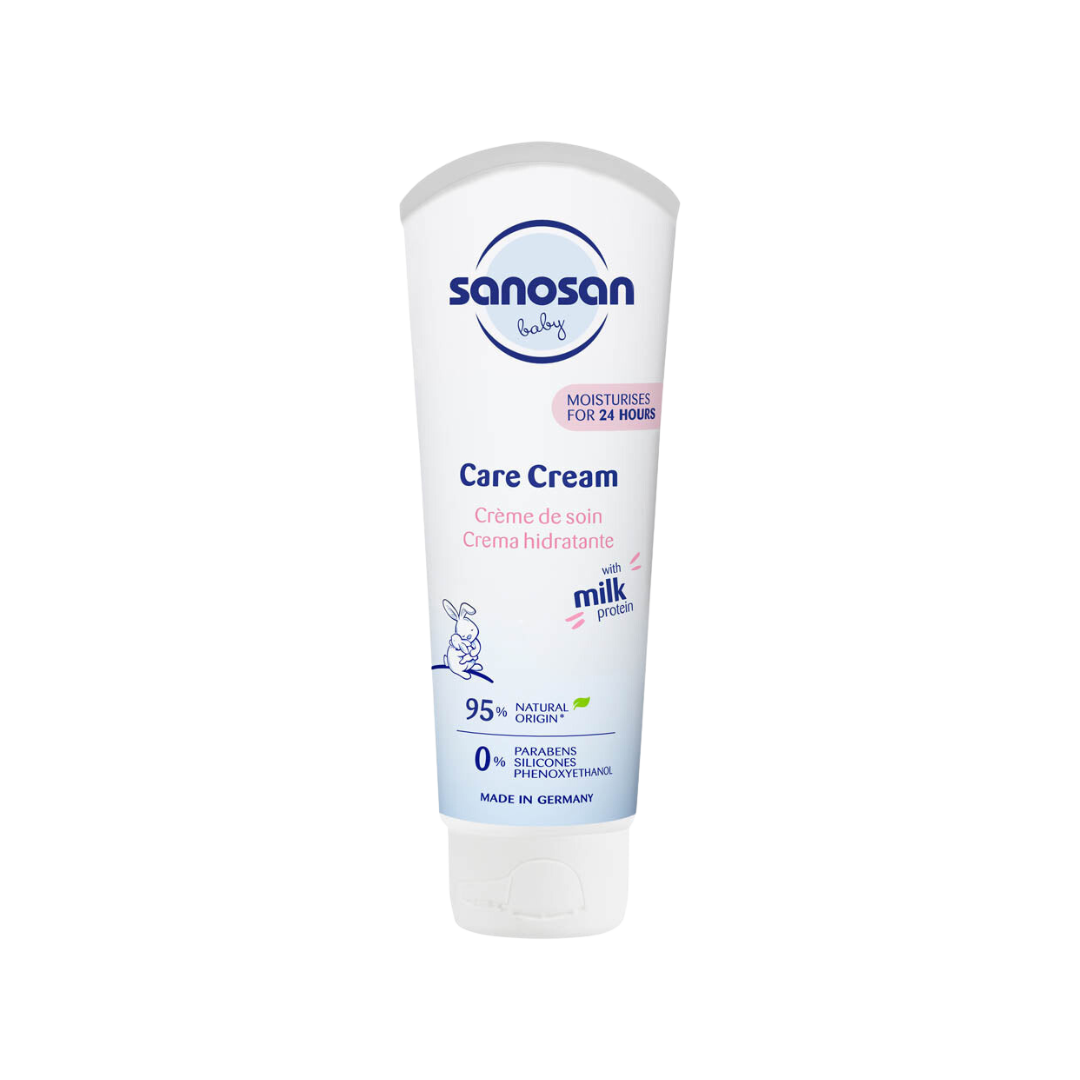 Sanosan Baby Care Cream Tube 100 ml with natural milk protein, nourishing shea butter, and allantoin.
