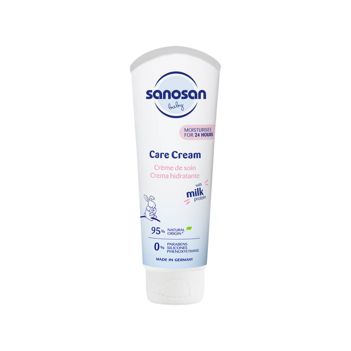 Sanosan Baby Care Cream Tube 100 ml with natural milk protein, nourishing shea butter, and allantoin.