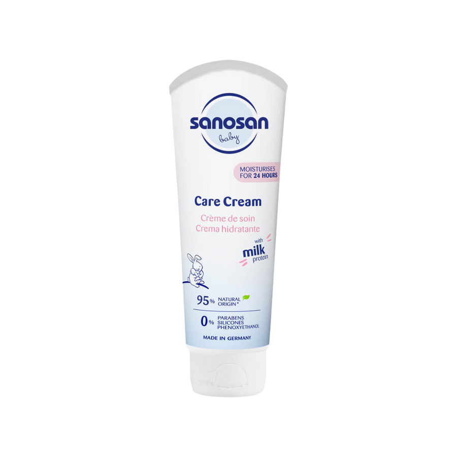 Sanosan Baby Care Cream Tube 100 ml with natural milk protein, nourishing shea butter, and allantoin.