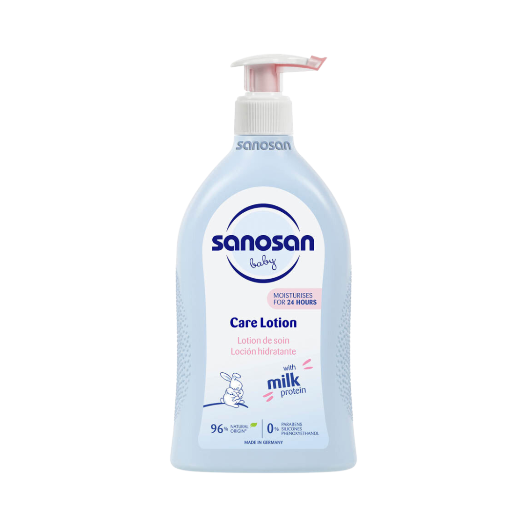 Sanosan Baby Care Lotion 500ml dispenser with milk protein for moisturising and soothing baby skin.