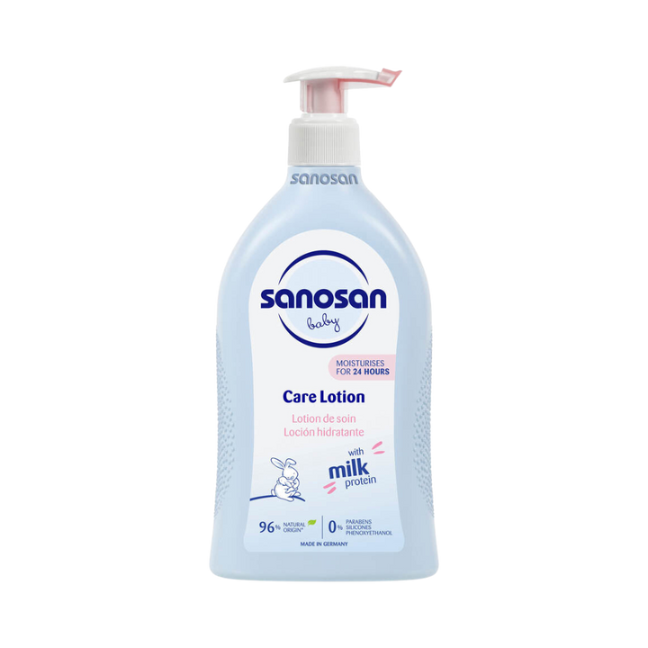 Sanosan Baby Care Lotion 500ml dispenser with milk protein for moisturising and soothing baby skin.