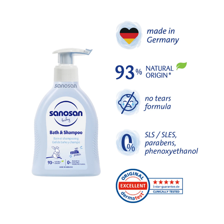 Sanosan Baby Bath & Shampoo 200ml with natural milk protein, gentle for delicate baby skin, made in Germany.