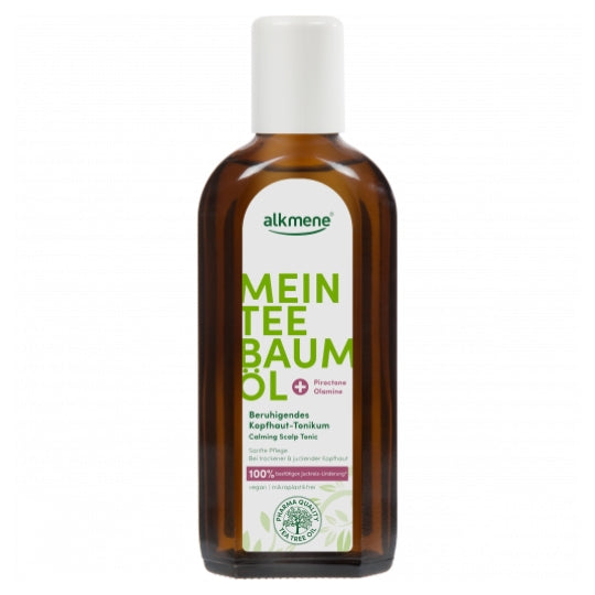 Alkmene Tea Tree Calming Scalp Tonic 250ml bottle with tea tree oil for soothing scalp irritation.