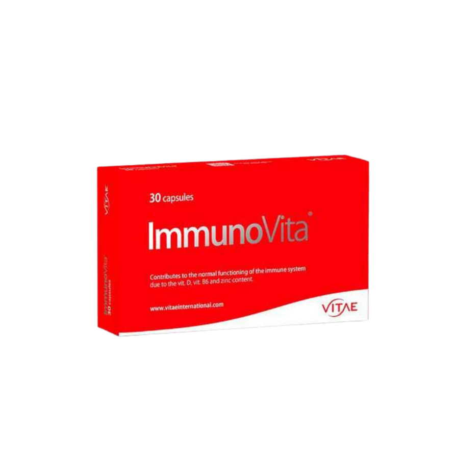Vitae Immunovita Capsules 30S for immune system support with beta glucans, vitamin D, B6, and zinc.