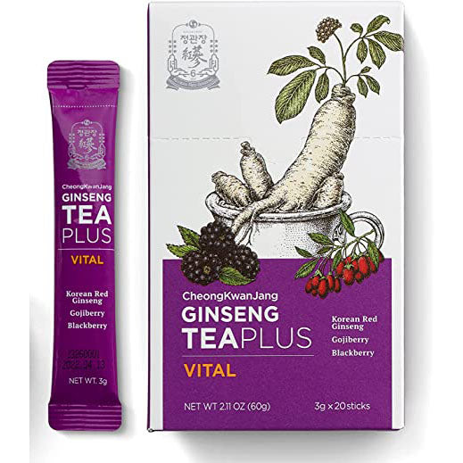 Cheongkwanjang Ginseng Teaplus Vital Stick packaging with Korean red ginseng, goji berry, blackberry, and raspberry illustration.