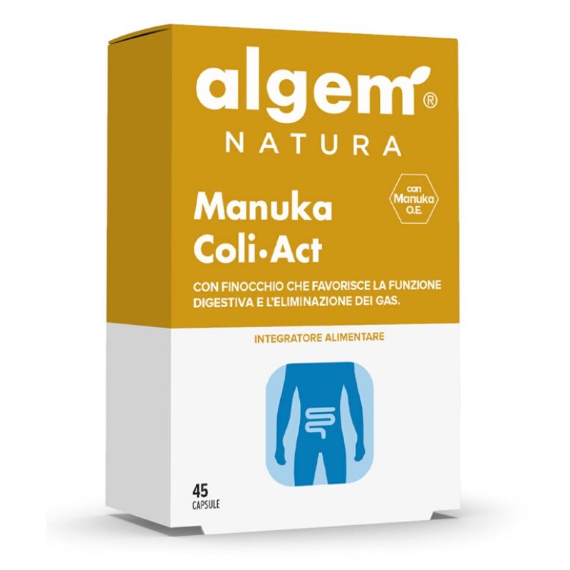 Algem Manuka Coli Act Capsules 45S for digestive health, vegan, gluten-free, lactose-free.