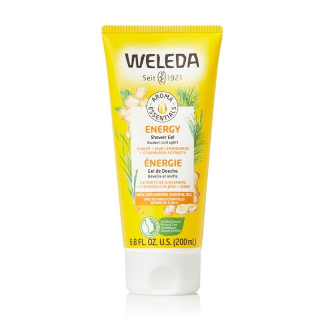 Weleda Aroma Energy Shower Gel 200ml, invigorating ginger, lemongrass, cedarwood scent.