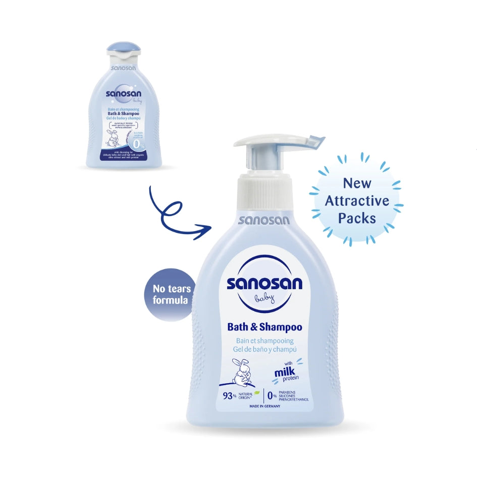 Sanosan Baby Bath & Shampoo 200ml with natural milk protein for delicate baby skin.