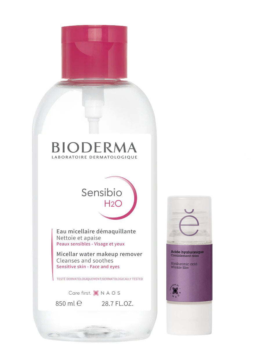 Bioderma Sensibio H2O 850ml with Etatpur Hyaluronic Acid Kit, cleansing and hydrating skincare set.