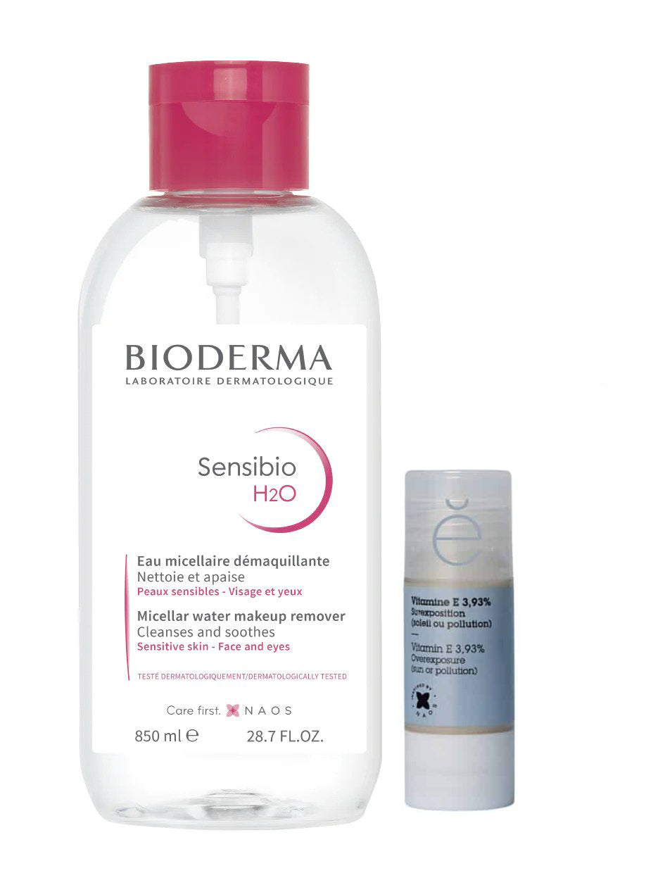 Bioderma Sensibio H20 850ml and Etatpur Vitamin E Kit for cleansing and antioxidant protection.
