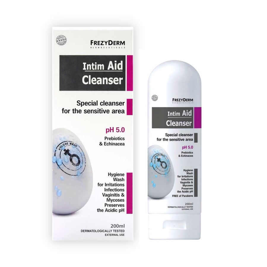Frezyderm Intimate Area Aid Cleanser 200ml bottle and packaging with pH 5.0, designed for effective and gentle cleansing of intimate areas.