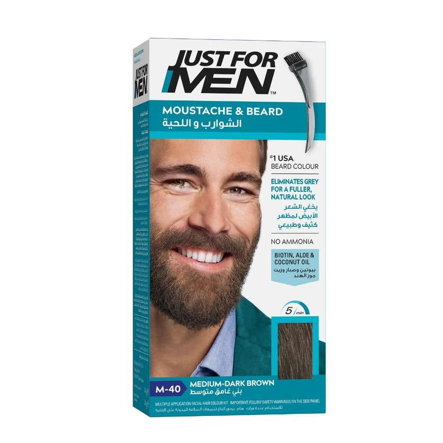 Just For Men Mustache & Beard Brush-In Color Gel Medium-Dark Brown M-40 packaging.