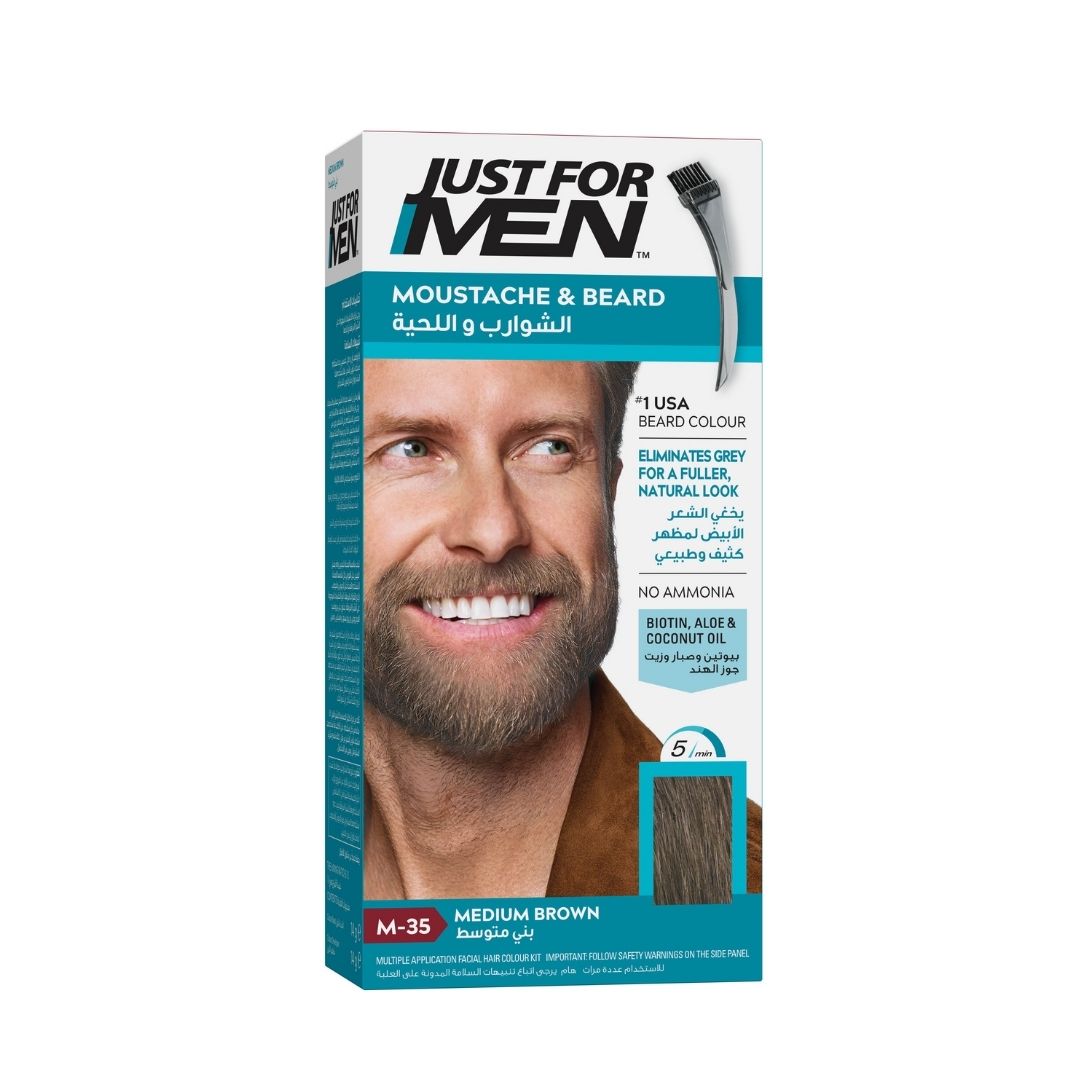 Just For Men Brush-In Color Gel for Mustache & Beard, Medium Brown M-35, easy application and gray coverage.