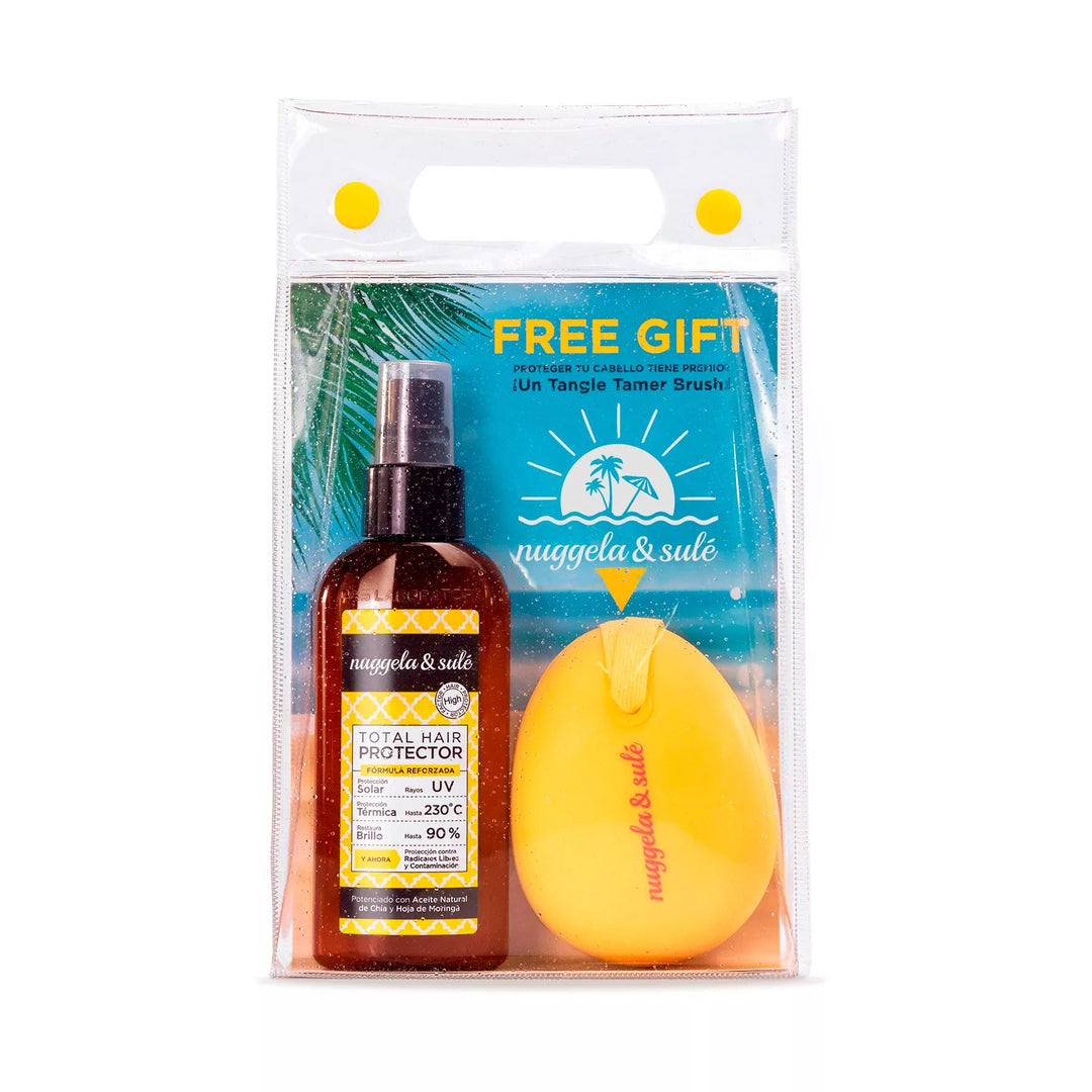 Nuggela Total Hair Protect 125ml with Tangle Brush Kit for UV and heat protection, restores shine and protects hair color.