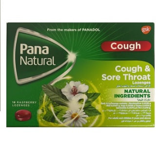 Pananatural Cough Lozenges with raspberry flavor, 16 count pack, natural relief for dry and productive cough.