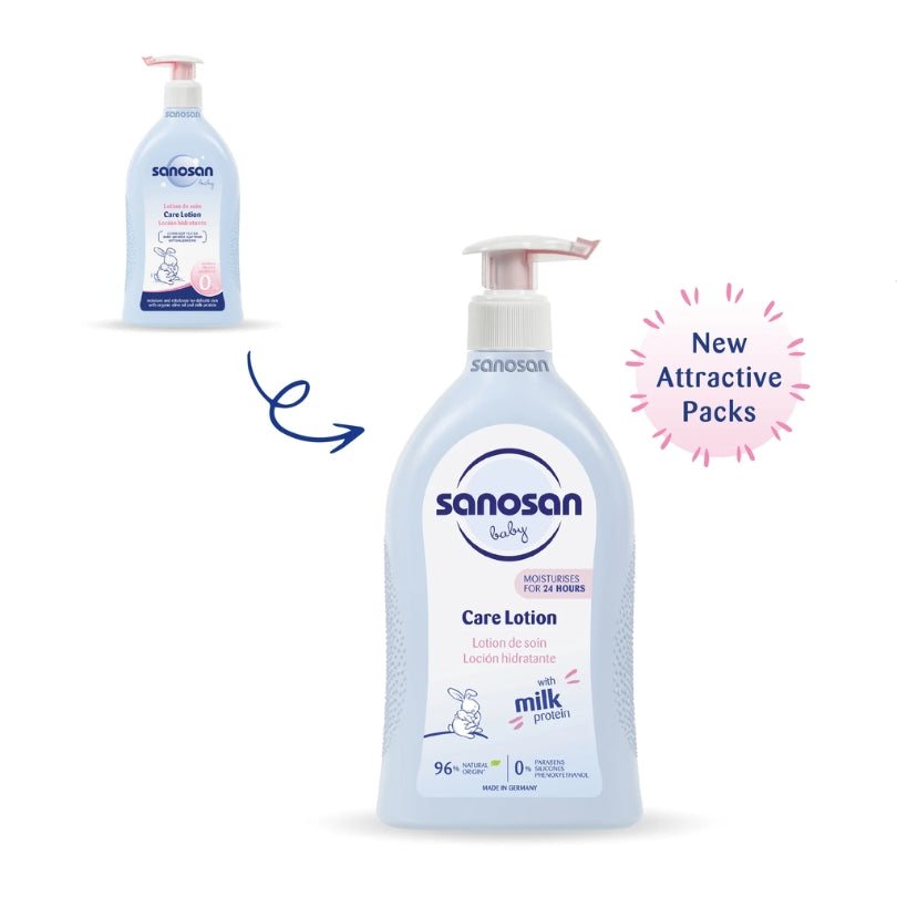 Sanosan Baby Care Lotion 500ml dispenser with natural milk protein.