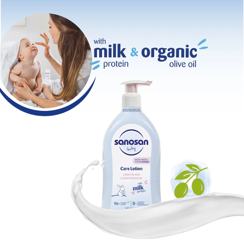 Sanosan Baby Care Lotion 500ml with natural milk protein for delicate baby skin.
