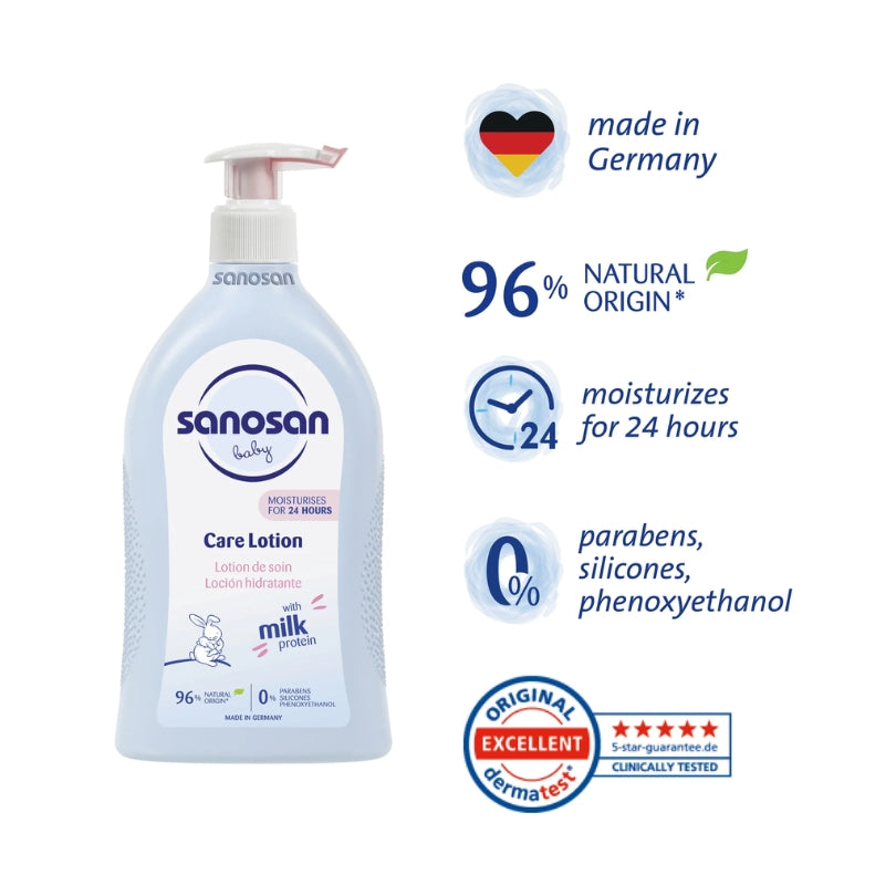Sanosan Baby Care Lotion 500ml dispenser with natural milk protein.