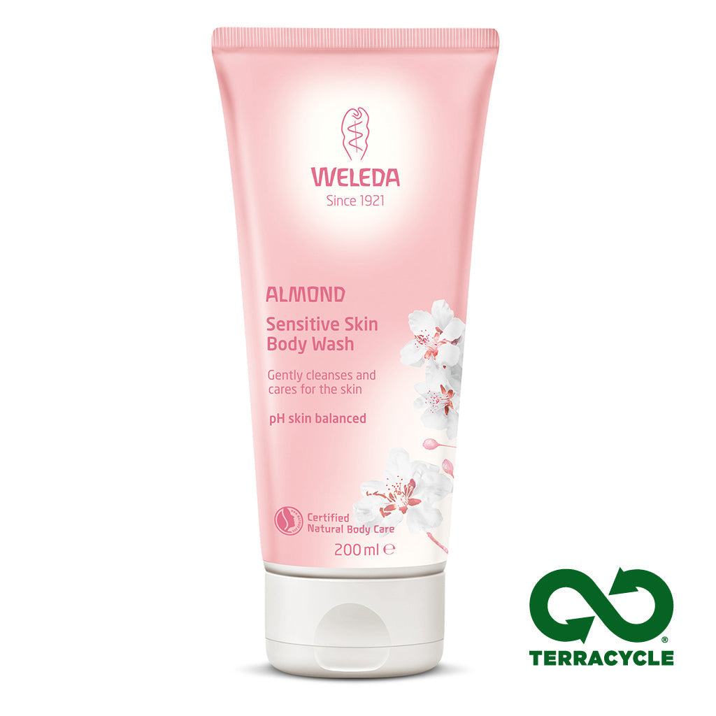 Weleda Almond Sensitive Skin Body Wash 200 ML tube with almond blossom design, suitable for sensitive skin care.