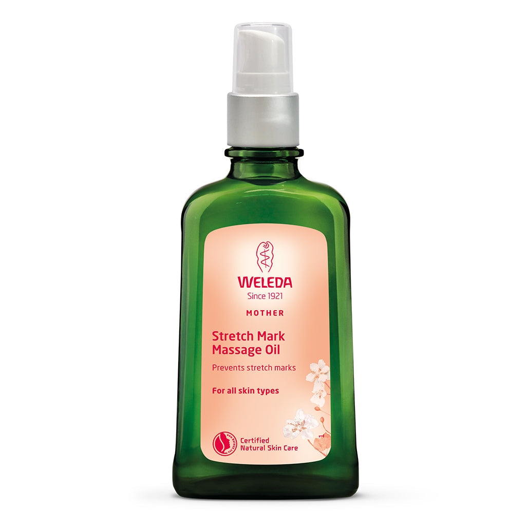 Weleda Stretch Mark Massage Oil 100ml bottle with green packaging and pump dispenser.