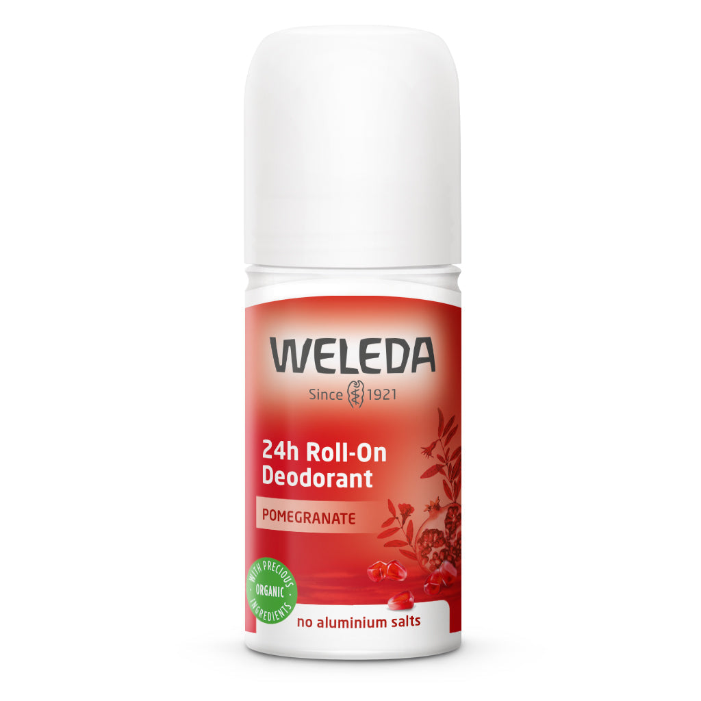 Weleda Pomegranate 24H Roll On Deodorant 50 ML with orange and vanilla notes in a red bottle.