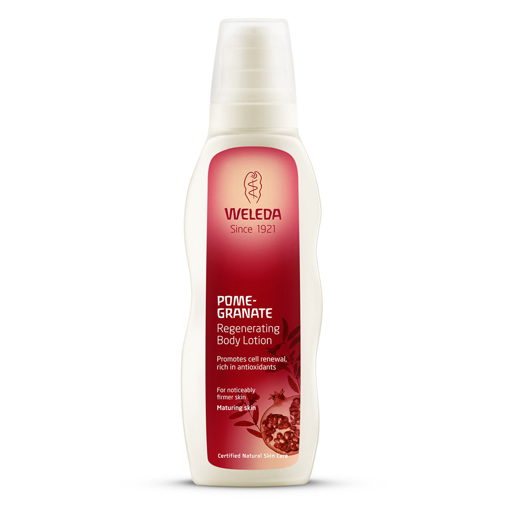 Weleda Pomegranate Regen Body Lotion 200 ML bottle promoting youthful skin.