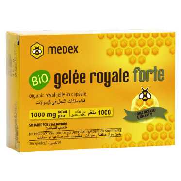Medex Bio Gelee Royale Forte 10x9 ml royal jelly packaging with vibrant yellow design.