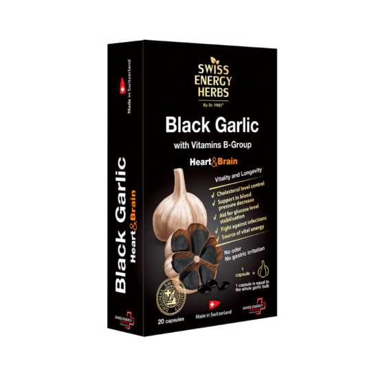 Swiss Energy Black Garlic soft gels with B vitamins for heart and energy metabolism.