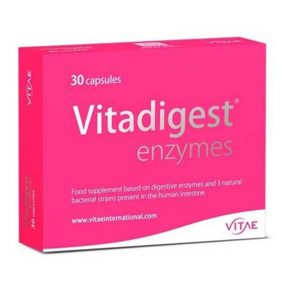 Vitae Vitadigest Enzymes Capsules 30S packaging with digestive enzymes and bacterial strains.