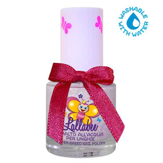 Lallabee Floret water-based light pink glitter nail polish with red ribbon, safe for children and during pregnancy, 11-free and washable.