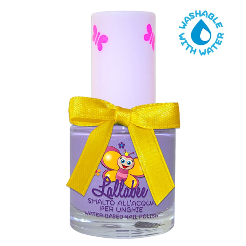 Lallabee Pearly Lilac water-based nail polish bottle with yellow bow, safe and non-toxic formula, suitable for children and pregnant women.