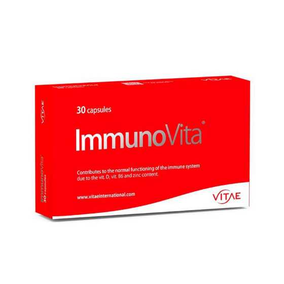 Vitae Immunovita Capsules 30S box, immune support supplement with beta glucans, vitamin D, B6, and zinc.