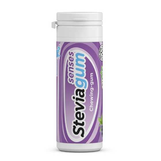Steviagum Senses blueberry mint sugar-free chewing gum container.