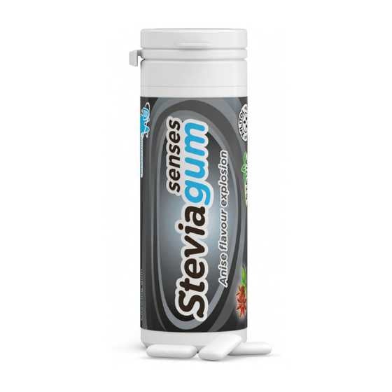 Steviagum Anise 30Gm sugar-free gum, aspartame-free with stevia and xylitol, in white packaging.