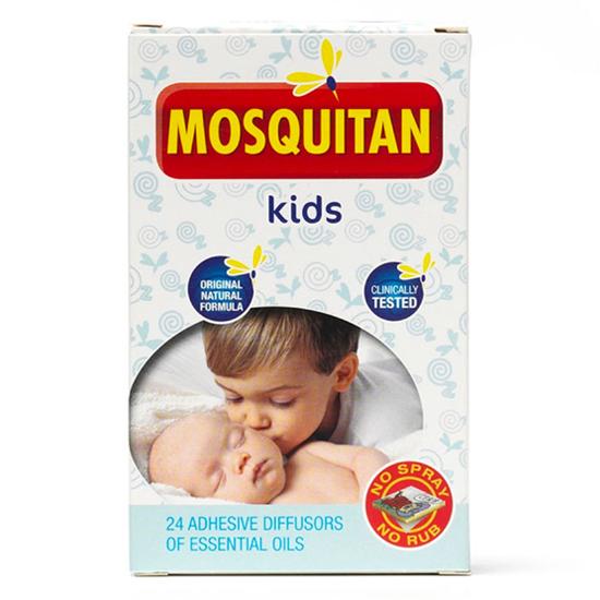 Mosquitan Kids Patches box with 24 adhesive diffusers of natural essential oils for mosquito repellent.