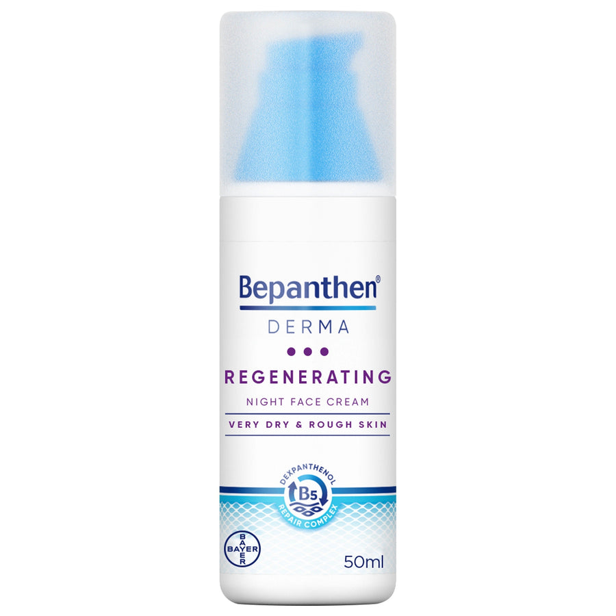 Bepanthen Derma Regenerating Night Face Cream 50ml packaging, deeply moisturizing and fragrance-free formula.