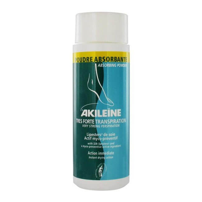 Akileine Absorbing Powder 75g bottle packaging for moisture control and perspiration.