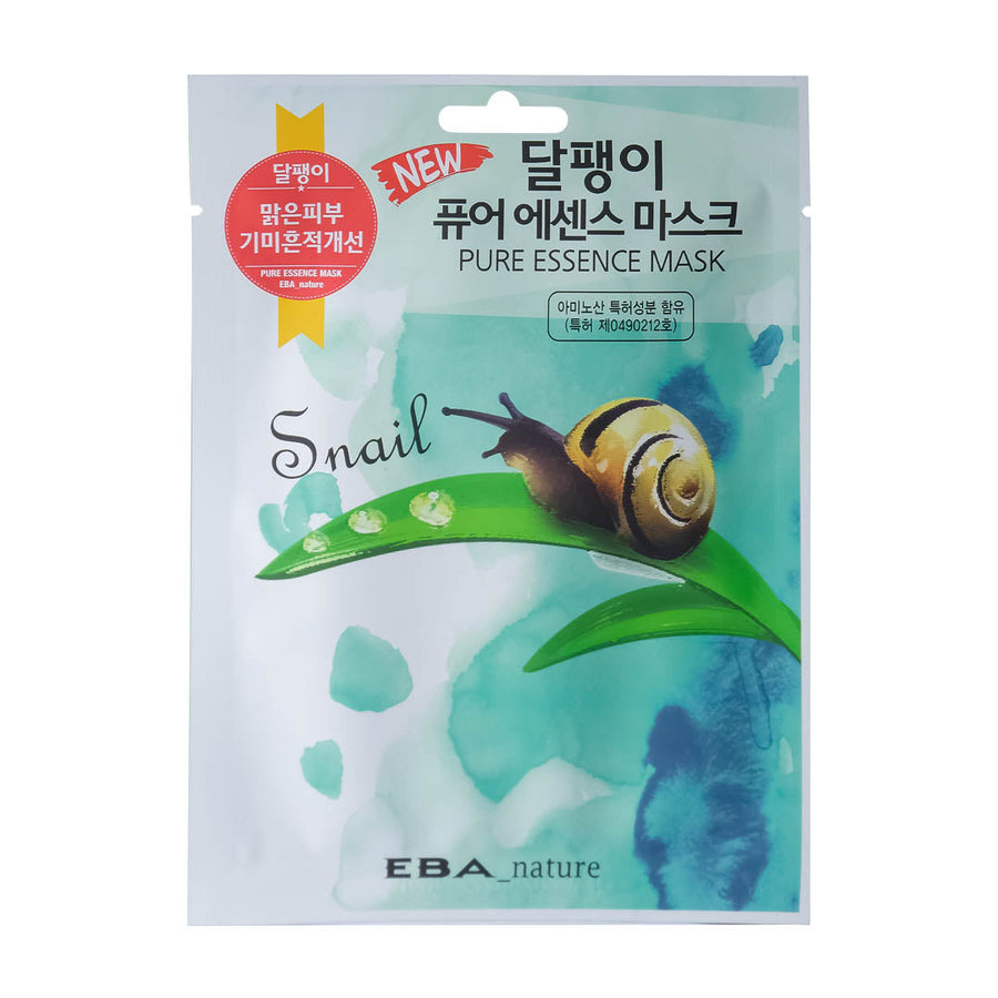 Snail Pure Essence Mask packaging with EBA nature branding and snail design.