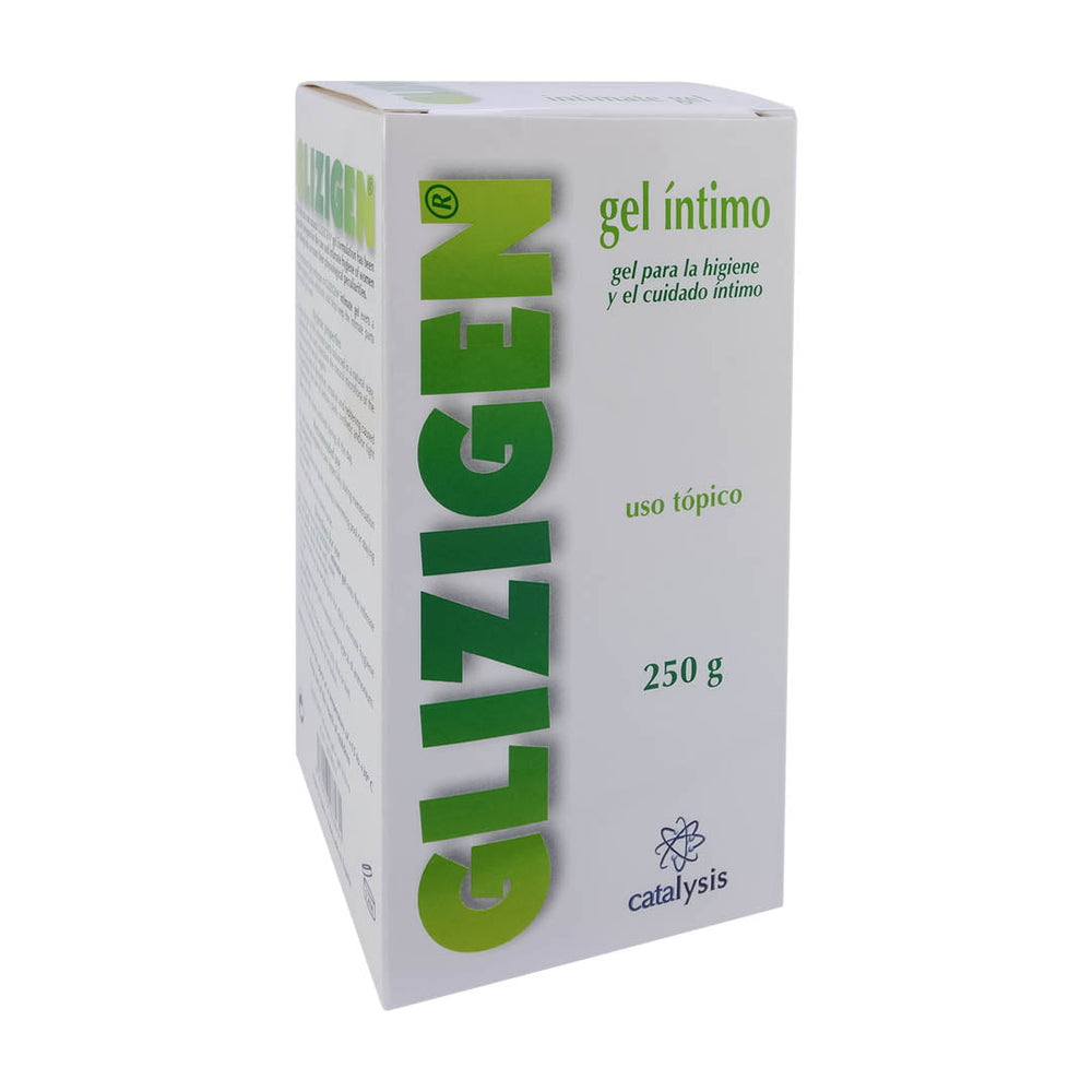 Glizigen Intimate Gel 250G packaging, designed for female intimate care and hygiene, with glycyrrhizic and lactic acid for pH balance.