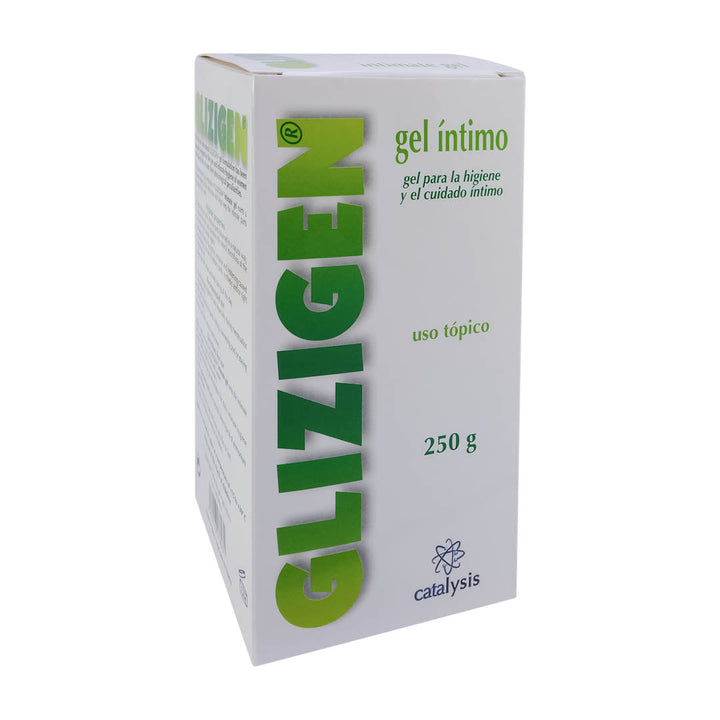 Glizigen Intimate Gel 250G packaging, designed for female intimate care and hygiene, with glycyrrhizic and lactic acid for pH balance.
