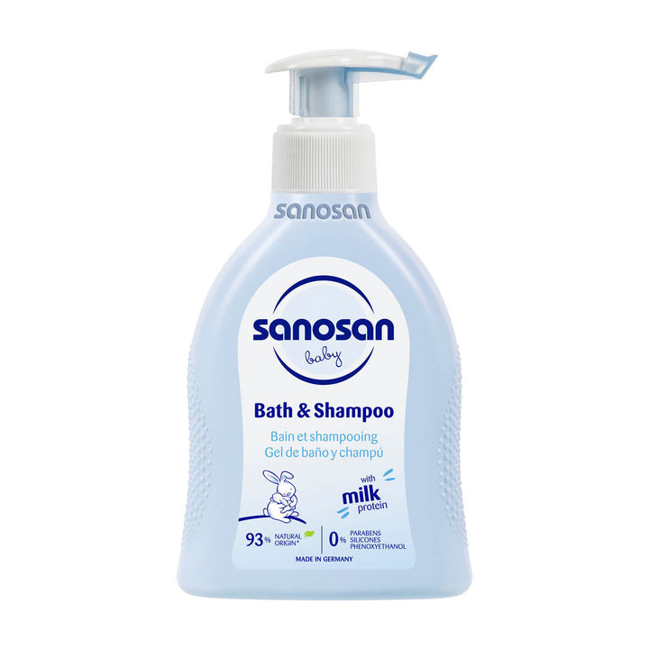 Sanosan Baby Bath & Shampoo 200ml bottle with milk protein for delicate baby skin cleansing.