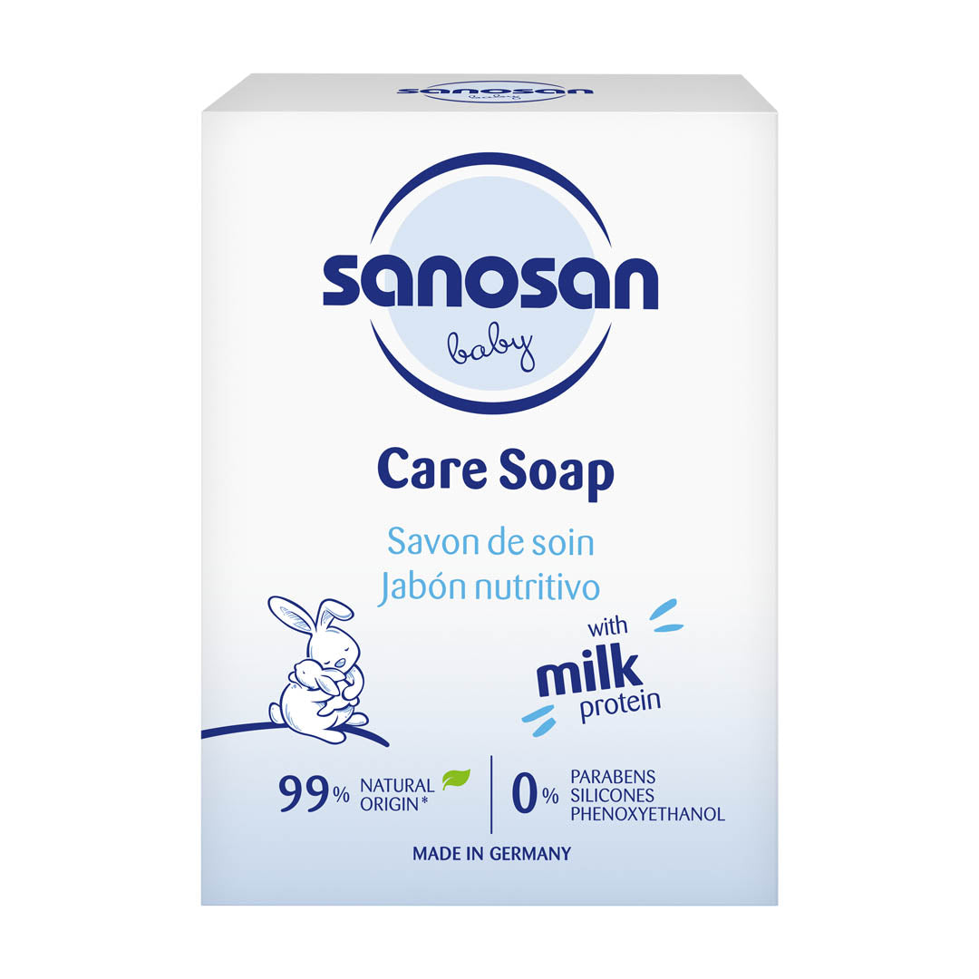 Sanosan Baby Care Soap 100g with natural milk protein for gentle baby skin cleansing.