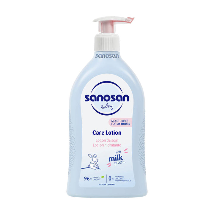 Sanosan Baby Care Lotion 500ml with natural milk protein dispenser.