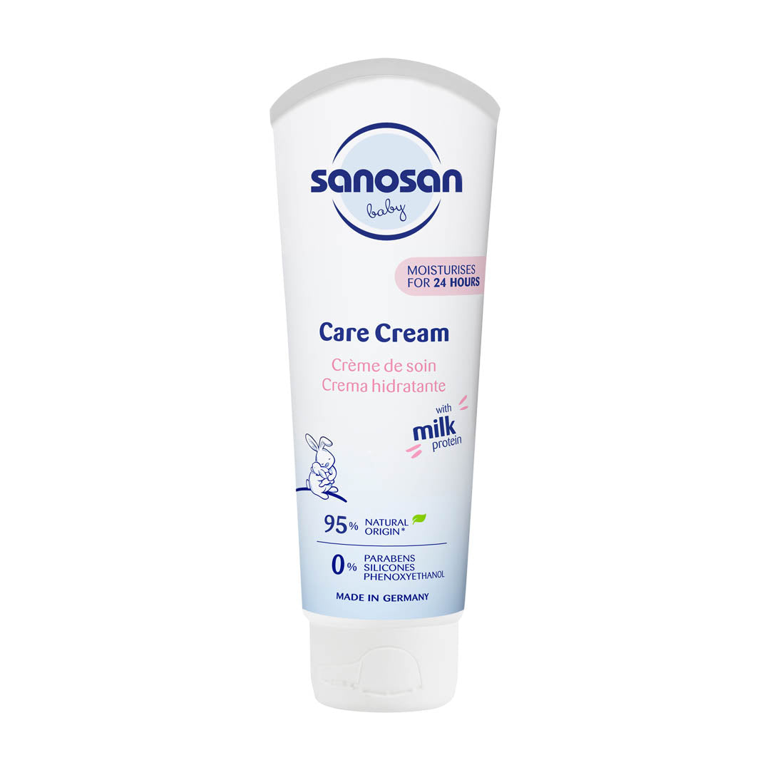 Sanosan Baby Care Cream Tube 100ml with milk protein and shea butter.