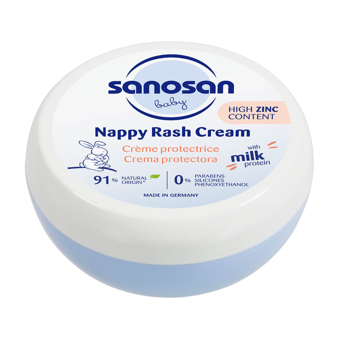 Sanosan Baby Nappy Rash Cream with Zinc, 150 ml jar, natural milk protein, protective film, high zinc content.