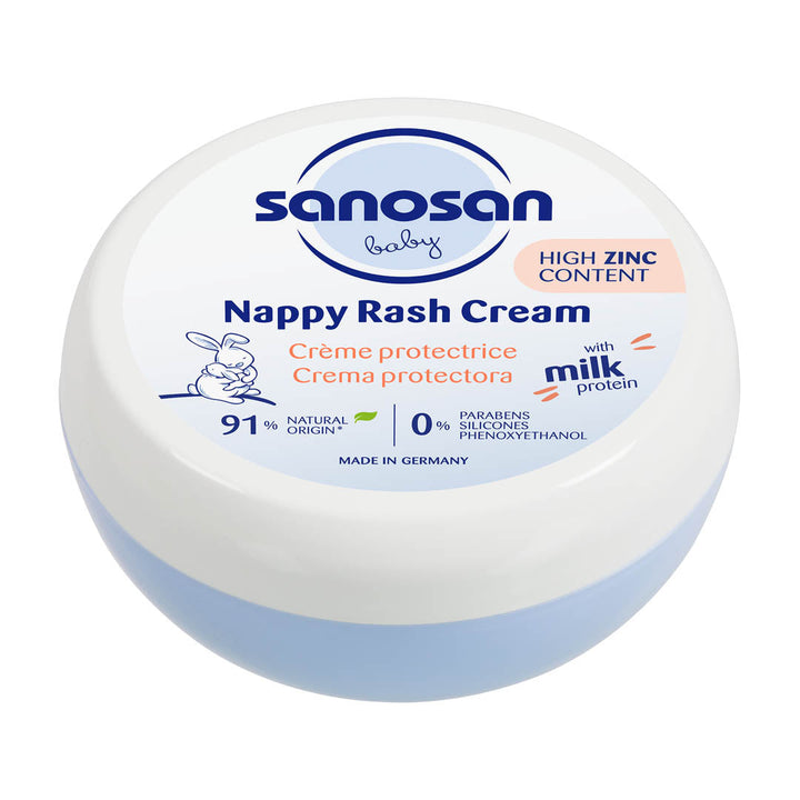 Sanosan Baby Nappy Rash Cream with Zinc, 150 ml jar, natural milk protein, protective film, high zinc content.