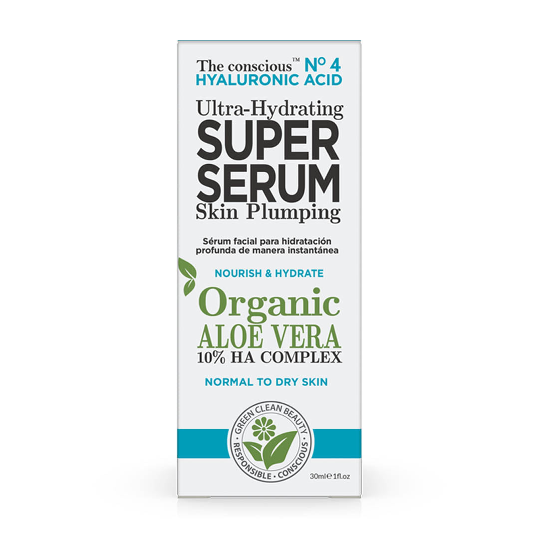Conscious Hyaluronic-Acid Super Serum 30ml packaging with organic Aloe Vera for skin hydration and plumping.