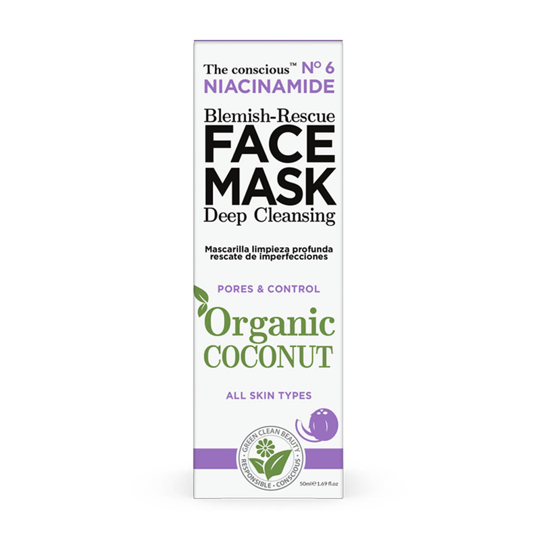 The Conscious Niacinamide Blemish-Rescue Face Mask packaging with organic coconut for all skin types.