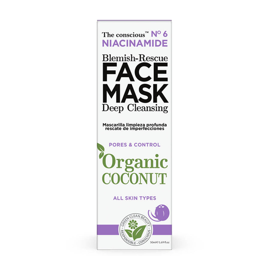 The Conscious Niacinamide Blemish-Rescue Face Mask packaging with organic coconut for all skin types.